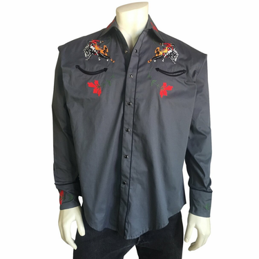 Men's Vintage Bronc Embroidered Western Shirt in Grey 6840-GRY