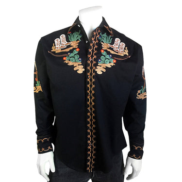 Men's Cactus & Cowboy Boots Embroidered Western Shirt in Black 6842-BLK