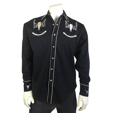 Men's Steer Skulls with Feathers Embroidered Western Shirt in Black 6841-BLK