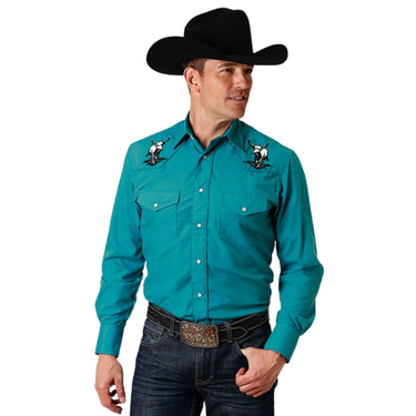 Men's Long Sleeve Teal Pearl Snap with Longhorn Embroidery 01-001-0017-0448BU